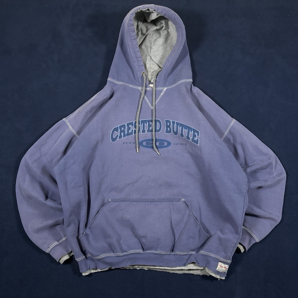 Vtg Rag Wear USA Crested Butte Colorado Hoodie Double Layer Sweatshirt Purple L